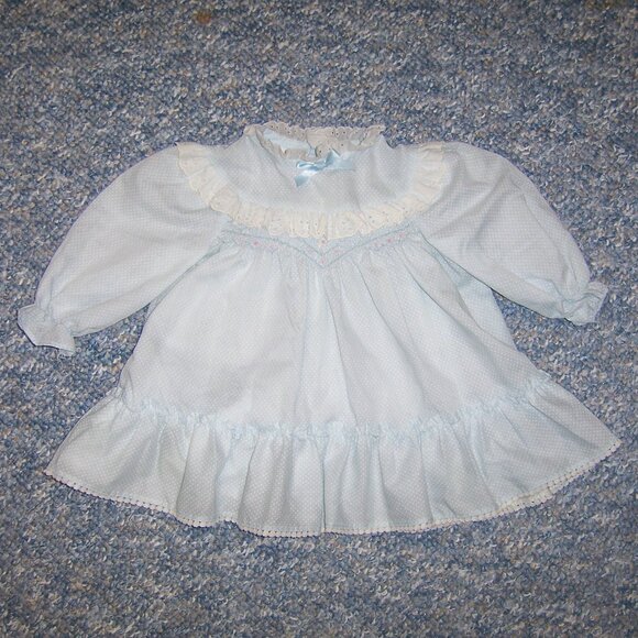 Vintage Polly Flinders Hand Smocked Baby Girls Dress Blue Polka Dot 24 months - Picture 1 of 3